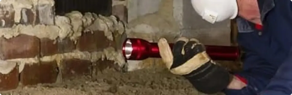 Pest control technician inspecting a crawl space for ant activity in Wyoming, MI