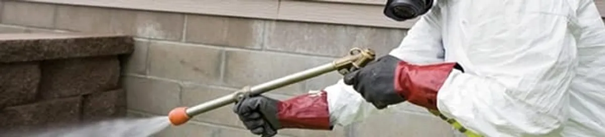 Pest control technician applying exterior insect treatment along a home foundation in Grand Rapids, MI