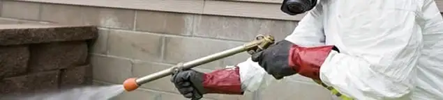 Pest control technician applying exterior insect treatment along a home foundation in Grand Rapids, MI