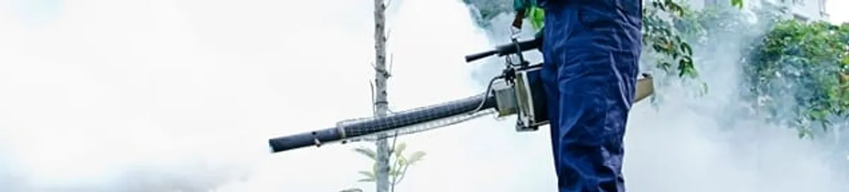 Pest control technician fogging an outdoor area for insect control in Grand Rapids, MI
