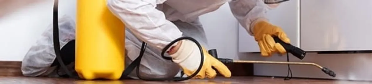 Roach exterminator treating cracks and crevices along kitchen baseboards in Grand Rapids, MI