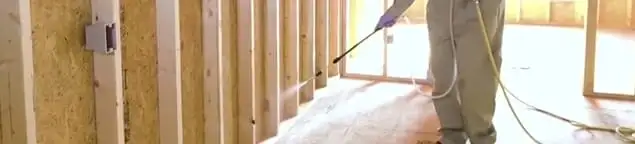 Termite treatment technician applying spray along framing and unfinished walls in Grand Rapids, MI